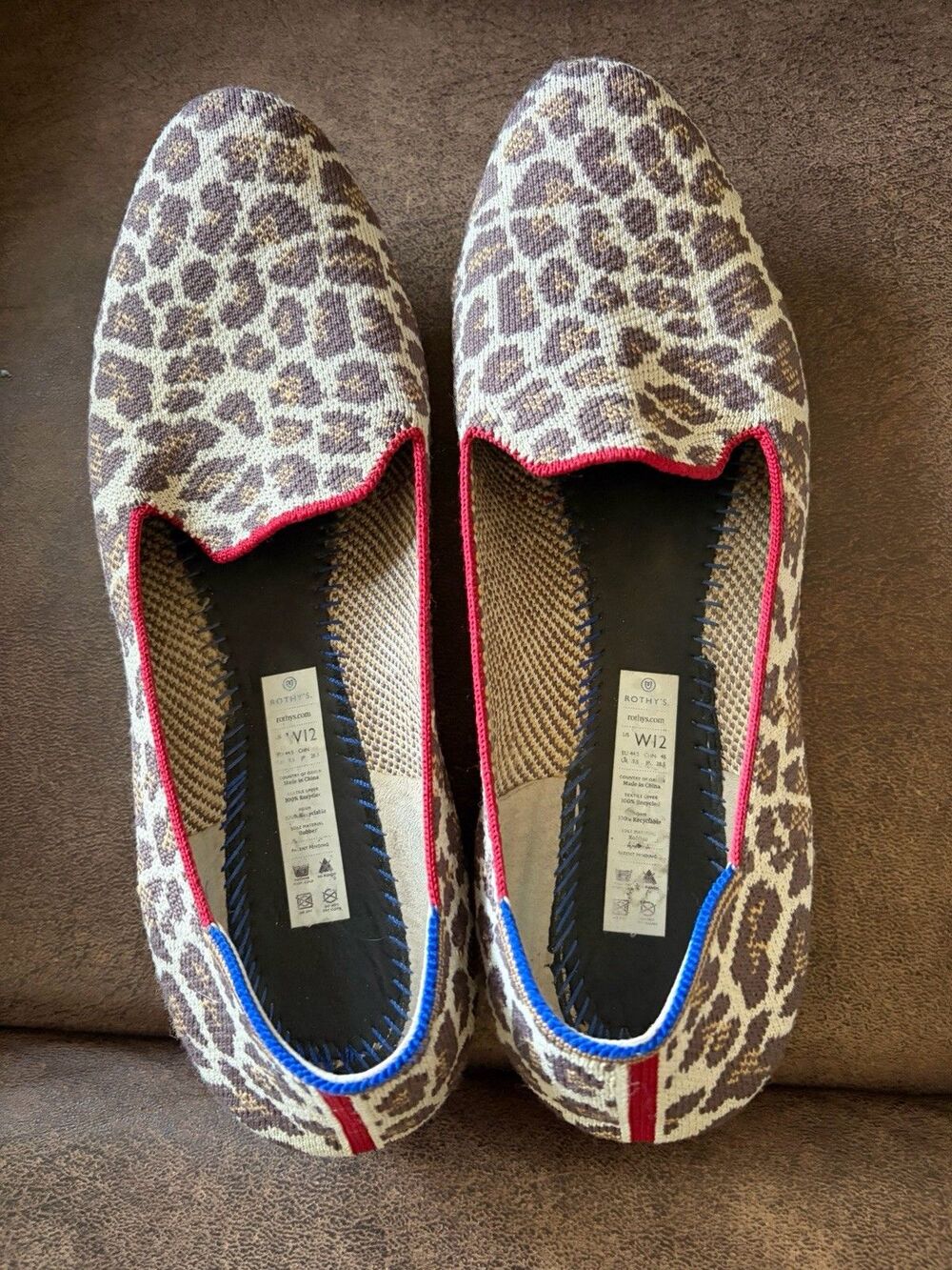Rothys The Loafer Mocha Spot Animal Print Women  W12 Luxury Flats Shoes Red Blue